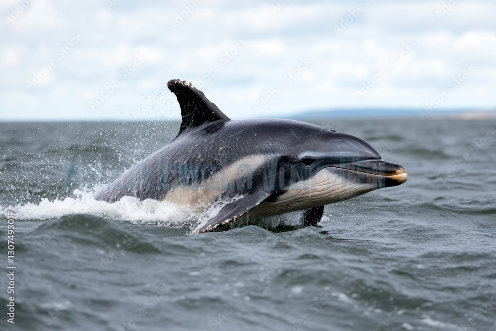Fototapeta premium A pod of dolphins swimming alongside a humpback whale, enjoying the currents