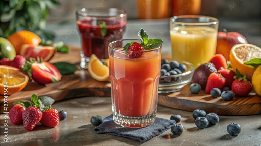 Refreshing fruit juices kitchen counter recipe guide bright lighting close-up vibrant flavor combinations Refreshing fruit juices kitchen counter recipe guide bright lighting close-up vibrant flavor combinations