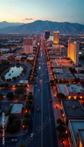 Daytime aerial of the Las Vegas boulevard, sprawling resort complexes, gambling, structures, blue