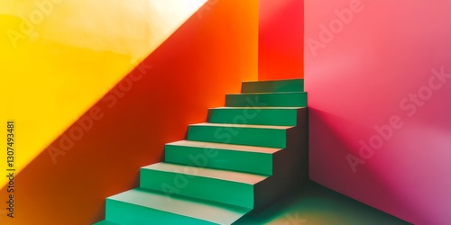 Colorful stairwell with vibrant walls. A green staircase leads to a bright future. The bold colors excite the senses and inspire creativity in design. Perfect for modern spaces. AI