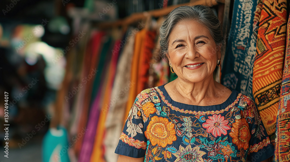 Smiling woman in embroidered blouse with colorful textiles in background. Smiling woman in embroidered blouse with colorful textiles in background.