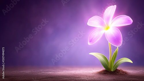 Glowing purple flower with green leaves emerges from dark soil against a moody purple background. Soft light illuminates the blossom, creating a mystical atmosphere.