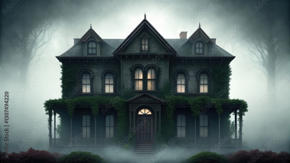 an old Victorian-style house stands alone shrouded in a dense fog, the windows glowing with an eerie light, creating a sense of mystery and unease. The house is overgrown with vines. an old Victorian-style house stands alone shrouded in a dense fog, the windows glowing with an eerie light, creating a sense of mystery and unease. The house is overgrown with vines.