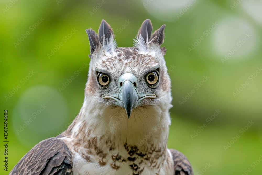 Fototapeta premium A powerful harpy eagle staring into the camera, its crown-like feathers standing tall