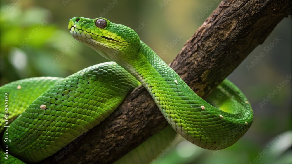 Emerald Tree Boa coiled around a branch Emerald Tree Boa coiled around a branch