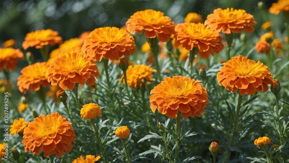 Closeup of orange marigold flowers with an outdoor flower garden background Closeup of orange marigold flowers with an outdoor flower garden background