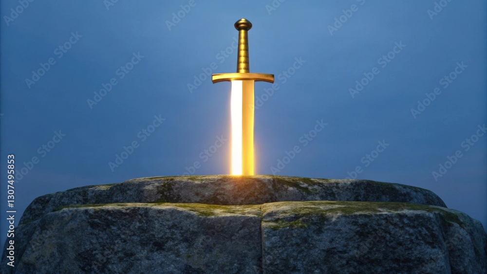 a gleaming sword stands embedded in a stone with magical golden light around. The legendary sword represents power, courage, and destiny a gleaming sword stands embedded in a stone with magical golden light around. The legendary sword represents power, courage, and destiny