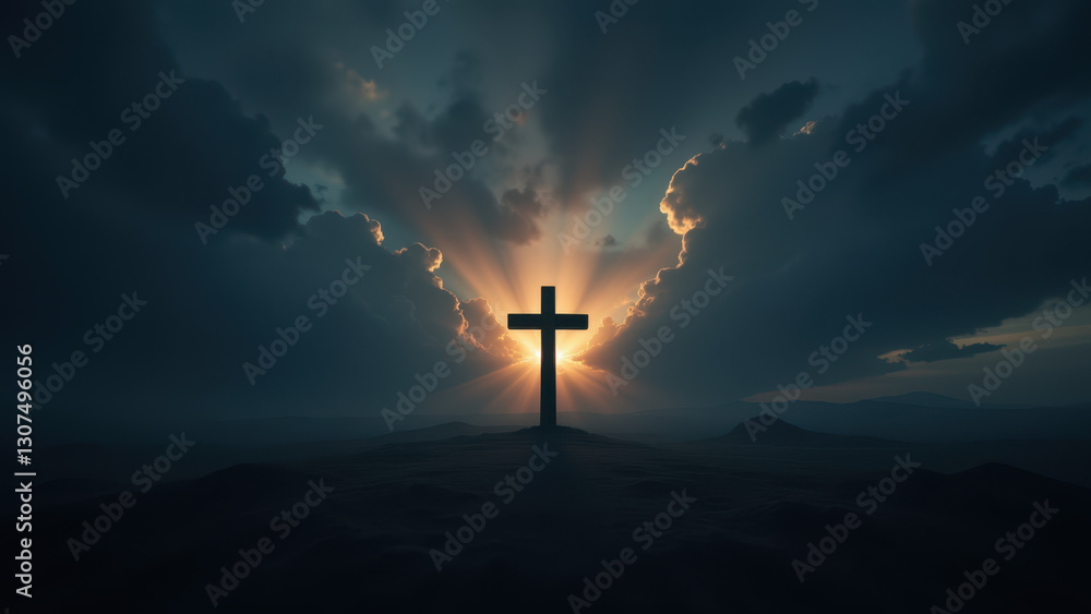 A dramatic depiction of a cross surrounded by dark clouds with rays of light shining through. A dramatic depiction of a cross surrounded by dark clouds with rays of light shining through.