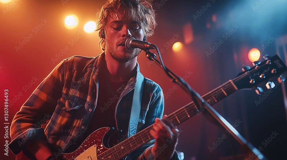 Obraz premium A musician playing an electric guitar, singing into a microphone on a dimly lit stage
