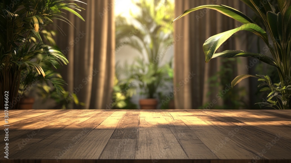 An inviting empty wooden table stands ready for gatherings, bathed in warm sunlight. Behind, vibrant plants enhance the peaceful atmosphere, creating a perfect setting for relaxation or creativity An inviting empty wooden table stands ready for gatherings, bathed in warm sunlight. Behind, vibrant plants enhance the peaceful atmosphere, creating a perfect setting for relaxation or creativity