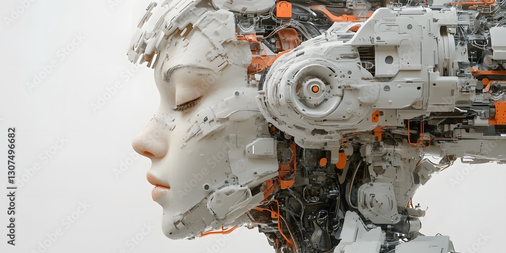 Fototapeta premium A futuristic portrait of a human-robot hybrid, blending organic and mechanical elements. The image captures the balance between man and machine, ideal for tech, sci-fi, or cyberpunk advertising.
