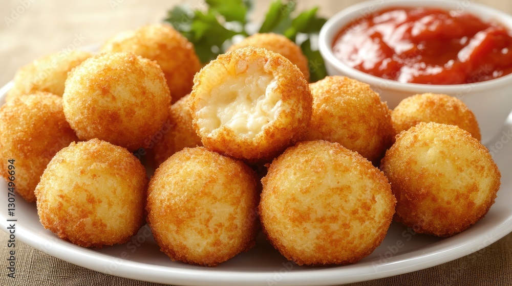A plate of golden, crispy arancini filled with gooey cheese and served with marinara sauce. A plate of golden, crispy arancini filled with gooey cheese and served with marinara sauce.