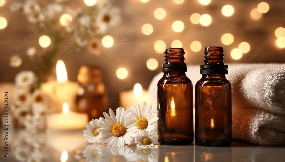 Spa essential oils, candles, chamomile, and towels Spa essential oils, candles, chamomile, and towels