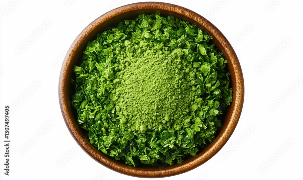 Green tea powder and leaves in a bowl Green tea powder and leaves in a bowl
