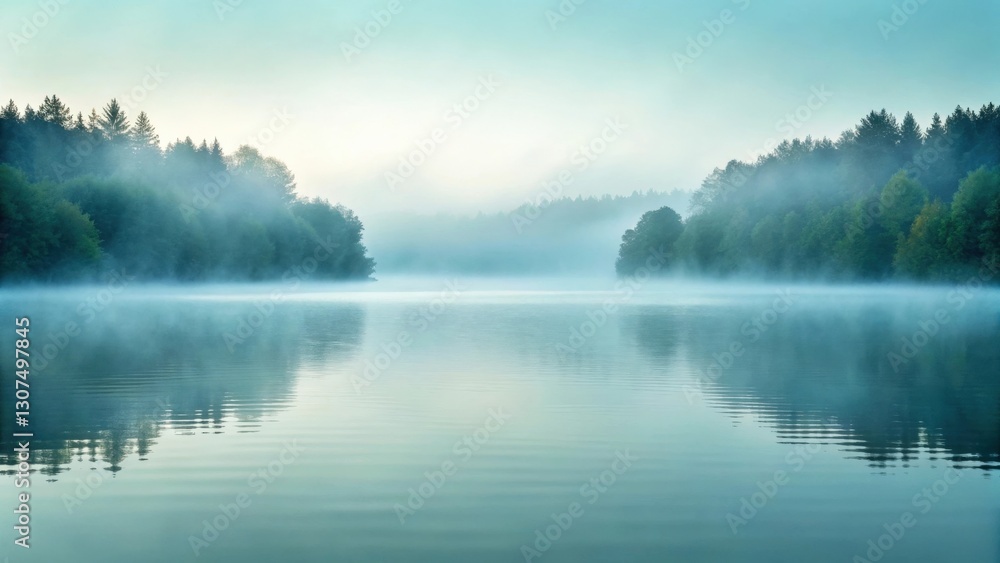 Fototapeta premium Serene morning mist over calm lake. Misty lake reflecting tranquil trees. Tranquil scene at dawn. Peaceful lake with misty trees.