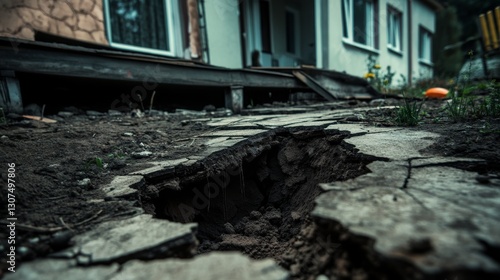 A crack in the foundation of a house caused by an earthquake. A house floor with deep cracks and debris all around.