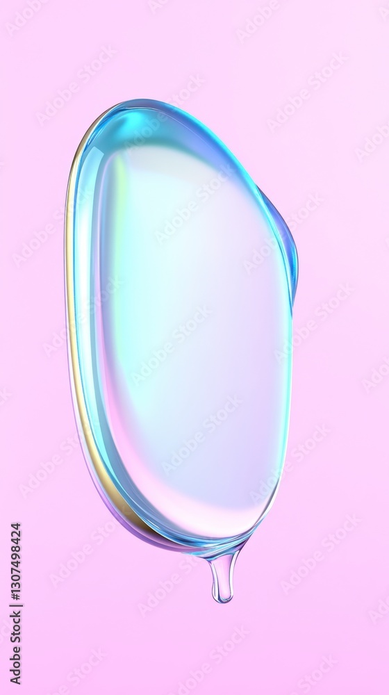 Abstract iridescent blue and gold droplet shape against a pale pink background. The image features a smooth, glossy texture and soft lighting. Abstract iridescent blue and gold droplet shape against a pale pink background. The image features a smooth, glossy texture and soft lighting.