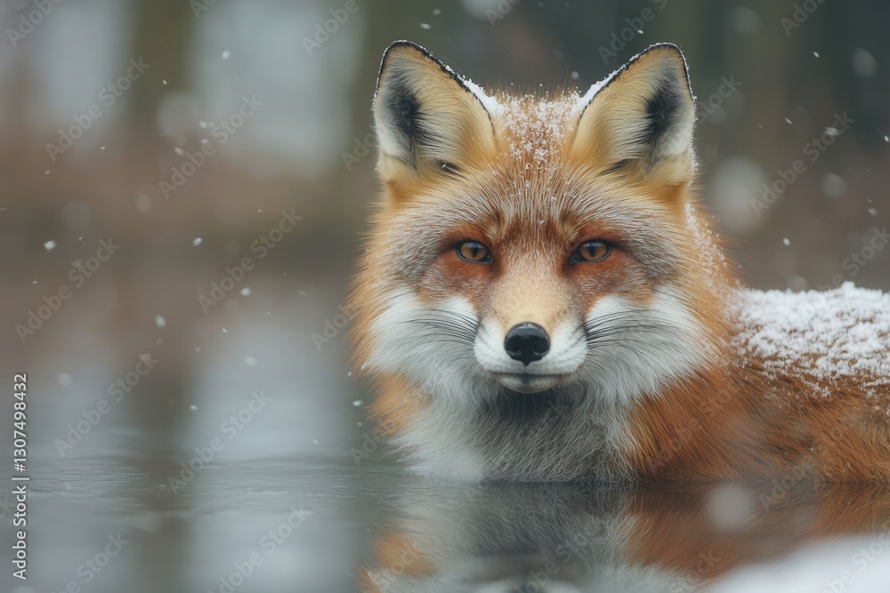 Fototapeta premium Red fox standing in shallow water with snowflakes falling in a forest setting during winter Generative AI