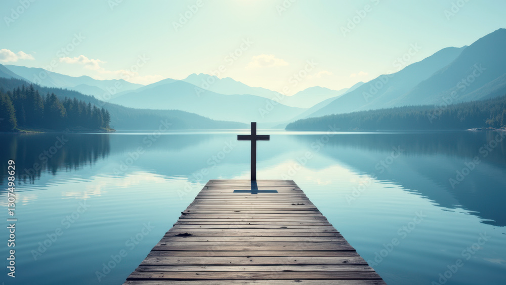 Fototapeta premium A serene dock with a cross at its end, situated in front of a tranquil lake under a clear sky, symbolizing faith and peace.