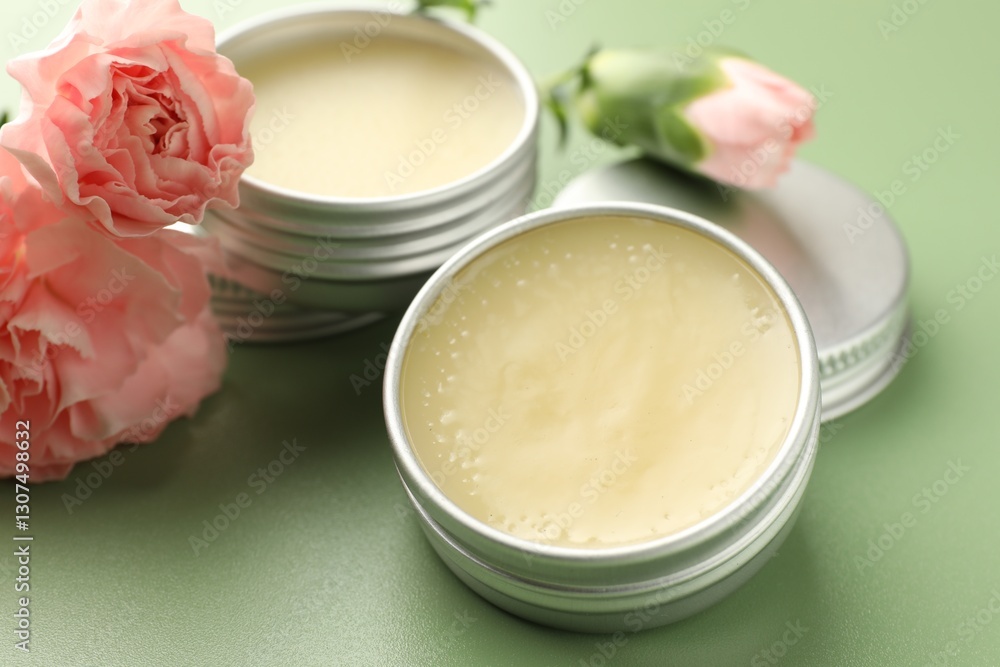 Lip balms and eustoma flowers on light green background, closeup Lip balms and eustoma flowers on light green background, closeup