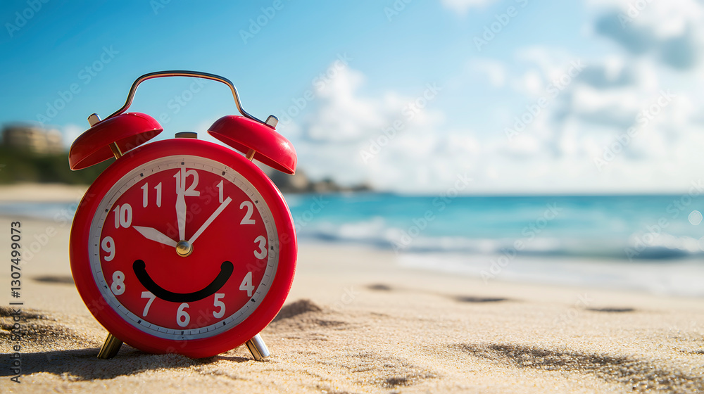 smiley red alarm clock on the beach