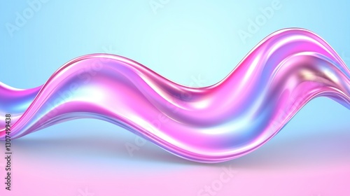 Abstract image of a flowing, iridescent pink and purple liquid wave against a pastel blue and pink background. The wave has a glossy, metallic sheen and creates a dynamic, elegant visual.