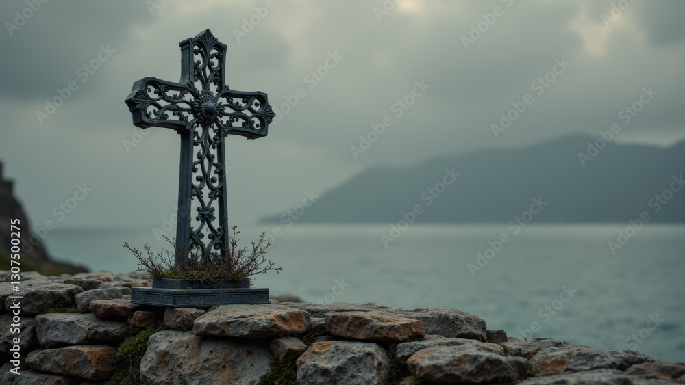An old weathered cross on a rocky coastline with stormy skies overhead. An old weathered cross on a rocky coastline with stormy skies overhead.
