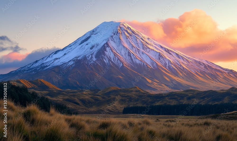 Obraz premium Majestic snow-capped mountain at sunset, scenic landscape.