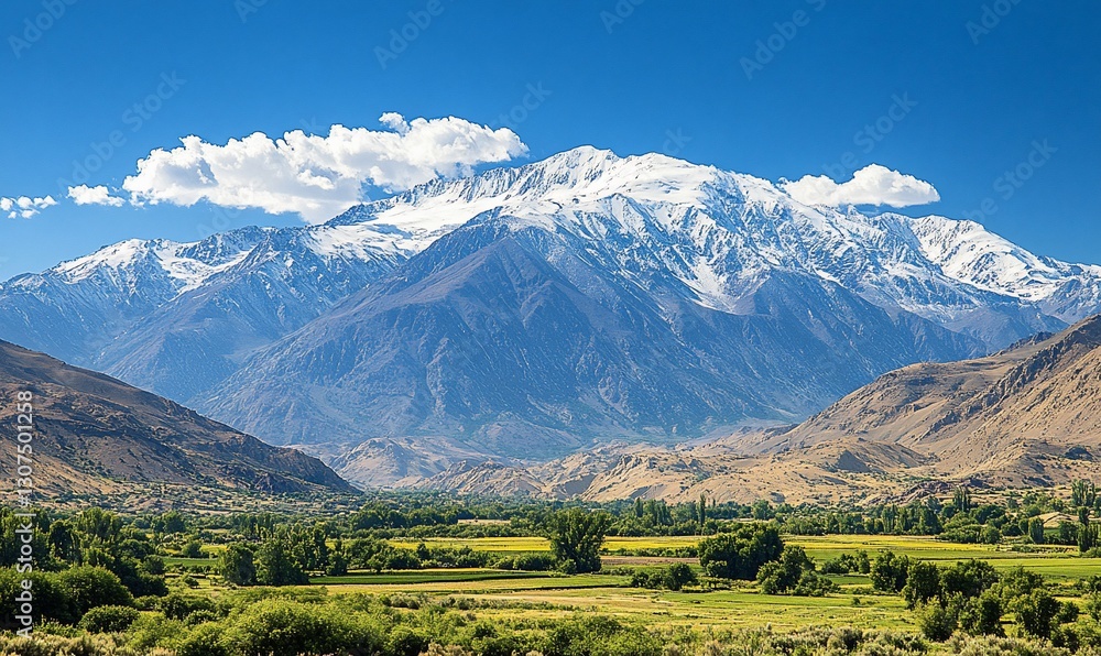 Obraz premium Majestic snow-capped mountain overlooking fertile valley