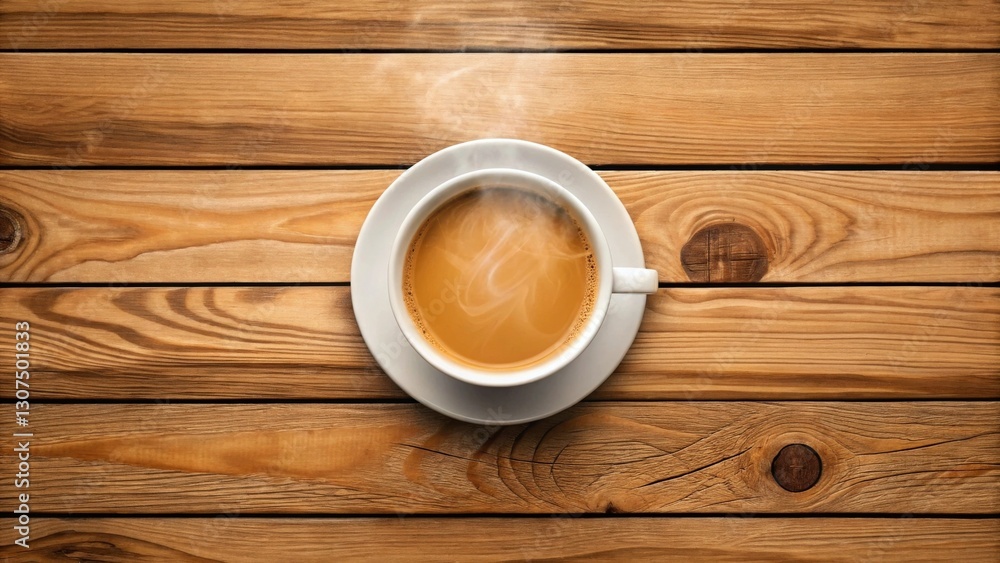 a top-down shot of a coffee cup with steam on wooden table a top-down shot of a coffee cup with steam on wooden table