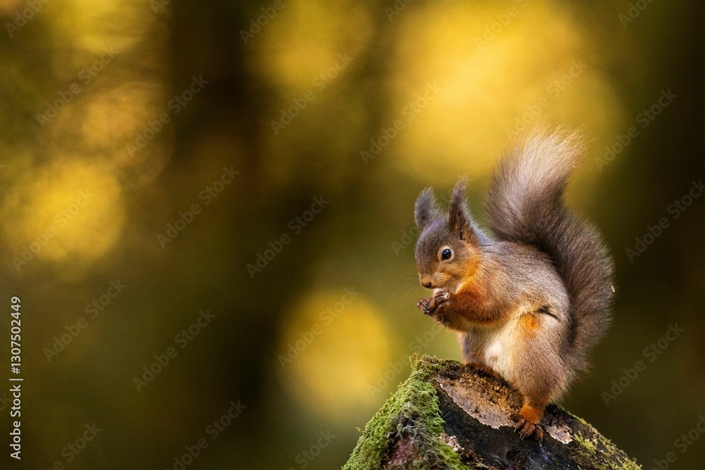 Obraz premium Red squirrel on mossy log in forest.