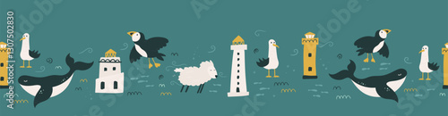 Hand drawn travel illustration with icelandic lighthouses and animals , great for postcards, banners, prints - vector design