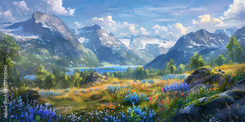 Colorful Wildflower Valley with Majestic Mountains and Serene Lake
