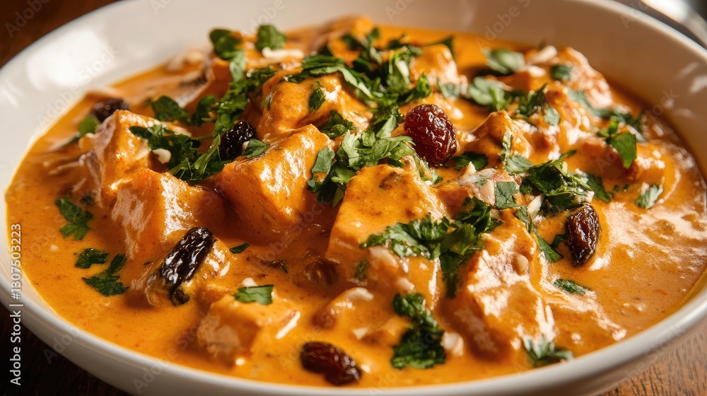 A close-up of a bowl of aromatic korma curry with nuts, raisins, and creamy sauce. A close-up of a bowl of aromatic korma curry with nuts, raisins, and creamy sauce.