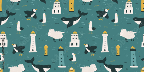 Hand drawn travel illustration with icelandic lighthouses and animals , great for postcards, banners, prints - vector design