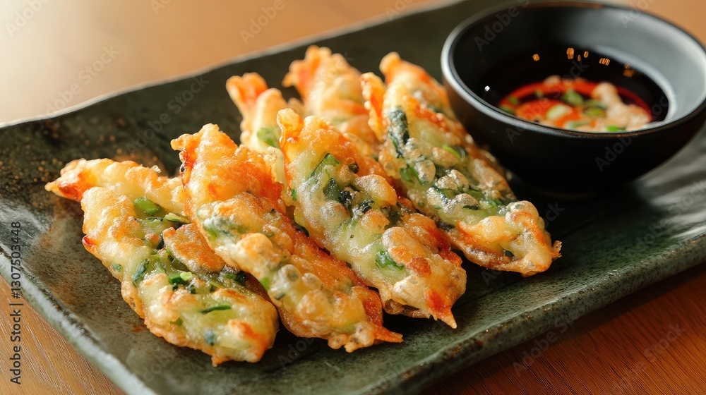 A close-up of a crispy scallion pancake, sliced and served with a dipping sauce. A close-up of a crispy scallion pancake, sliced and served with a dipping sauce.