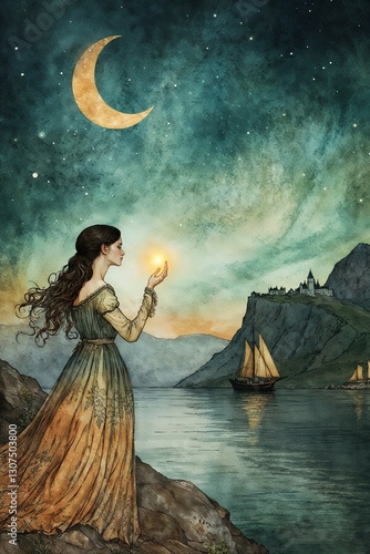 Illustration of a girl with magical fire standing by a river under a moonlit sky with copy space