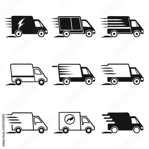 Black Silhouette Fast Delivery Truck Icons Set – Express Shipping, Courier Service, Logistics, 24-Hour Freight, and Transportation Symbols

