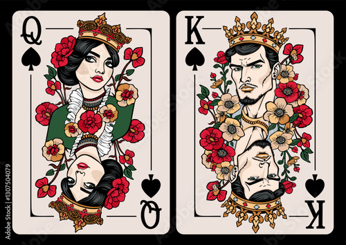 Queen of Spades and King of Spades. Playing cards vector