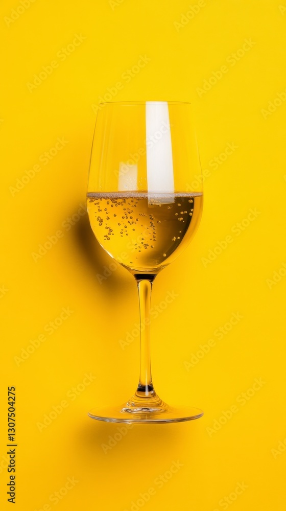 Pale yellow sparkling wine in a clear glass, on a vibrant yellow background. The bubbles are visible in the wine. The image is simple and clean. Pale yellow sparkling wine in a clear glass, on a vibrant yellow background. The bubbles are visible in the wine. The image is simple and clean.