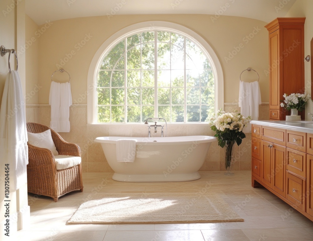 Fototapeta premium Spacious, sun-drenched bathroom with a large arched window, soaking tub, and light-colored cabinets.