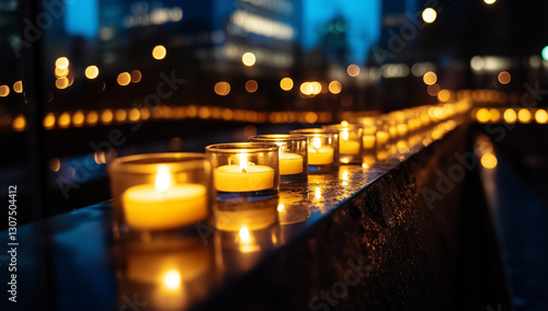 Row of memorial candles glowing at night in the city, Yom HaShoah Holocaust Remembrance Day