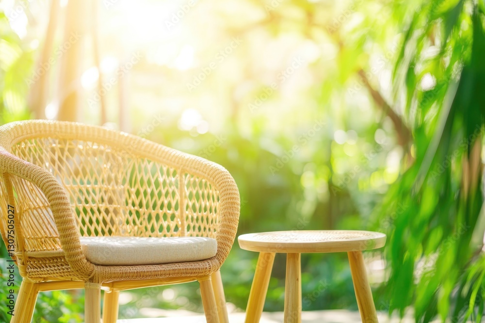 Fototapeta premium wicker furniture set in bright sunlit garden setting featuring chairs and small table with cozy cushions inviting sense