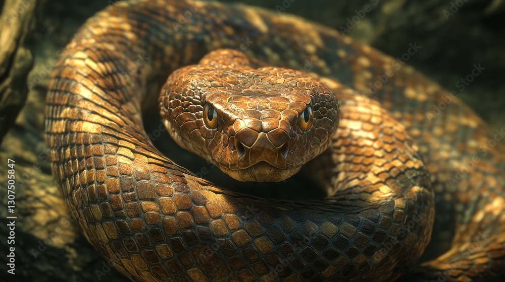 Close-up coiled venomous snake in natural habitat Close-up coiled venomous snake in natural habitat