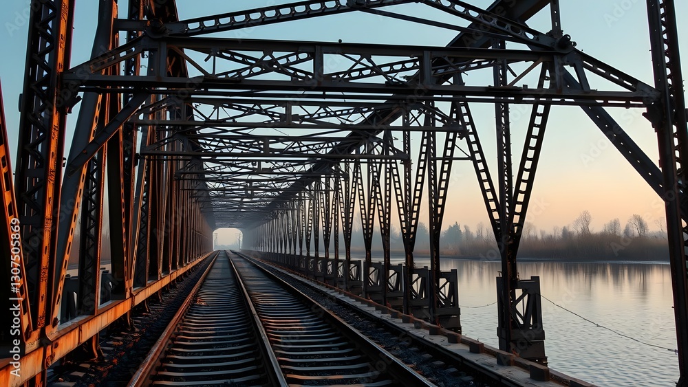 A railway bridge at dawn, featuring intricate metalwork and tracks leading towards a foggy horizon over a calm river, ideal for travel and exploration themes. A railway bridge at dawn, featuring intricate metalwork and tracks leading towards a foggy horizon over a calm river, ideal for travel and exploration themes.