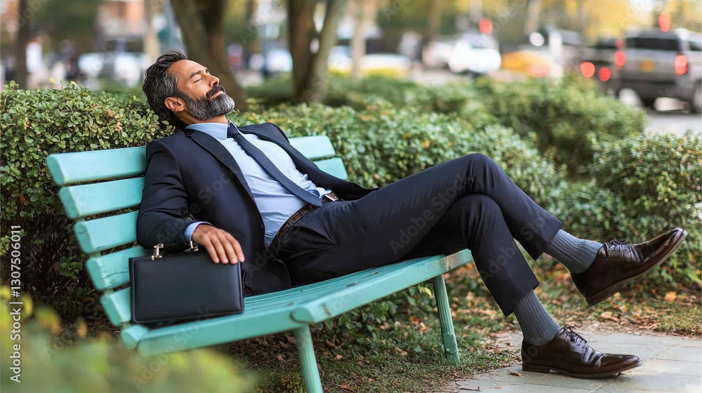 Obraz premium Burned out business professional resting on bench after stressful day