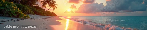 Tranquil beach scene at sunset with palm trees and gentle waves reflecting the sunset glow.