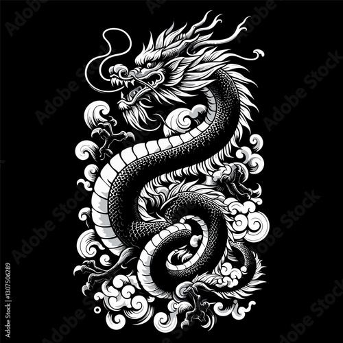 Chinese dragon floating among clouds, amazing asian dragon flying on clouds