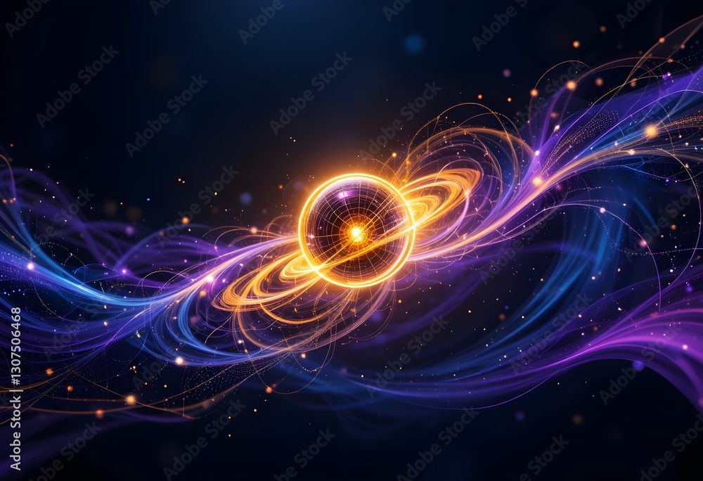 Obraz premium Abstract Network Sphere with Glowing Orbits and Flowing Lines, Digital Visualization