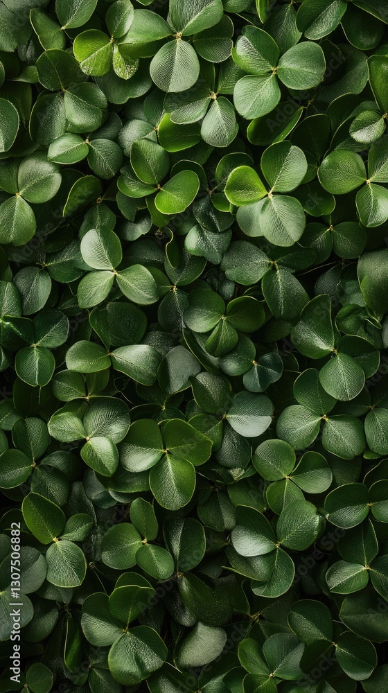 Top view of rich green clover leaves and vibrant ferns creating a festive atmosphere for St. Patrick's Day in a forest setting Top view of rich green clover leaves and vibrant ferns creating a festive atmosphere for St. Patrick's Day in a forest setting